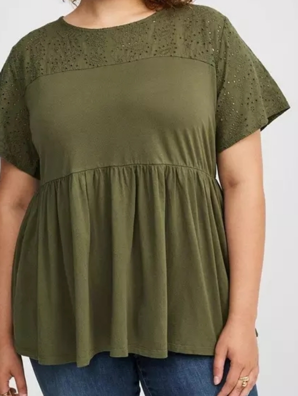 1X • Torrid • Vintage Cotton Jersey Crew Neck Eyelet Yoke Babydoll Top